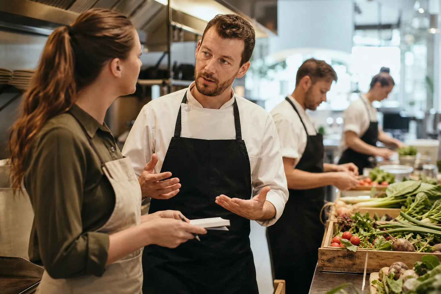 Werk in een Nederlandse horecakeuken. Beeld bij het artikel: Moet je bij onverpakte gerechten de allergenen schriftelijk vastleggen of mag het mondeling?